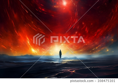 silhouette of a man against background of space, standing on surface of planet, light effects, stars and galaxy silhouette of a man against background of space, standing on surface of planet, light effects, stars and galaxy 108475101