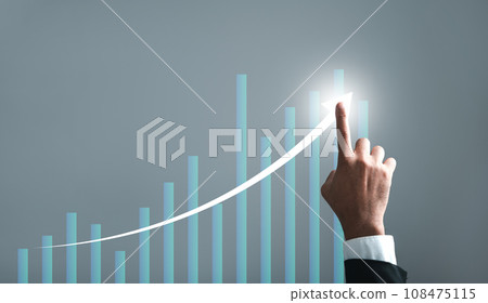 Guiding the way to success, a businessman points an arrow on a graph representing the corporate future growth plan. This image beautifully encapsulates the concept of business development and growth. Guiding the way to success, a businessman points an arrow on a graph representing the corporate future growth plan. This image beautifully encapsulates the concept of business development and growth. 108475115
