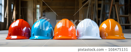 Safety banner. Building construction engineering concept background. Safety construction worker helmet 108475131