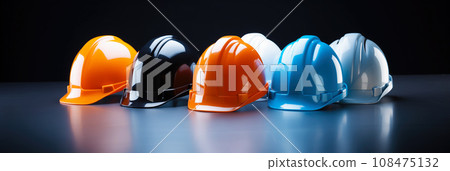 Safety banner. Building construction engineering concept background. Safety construction worker helmet 108475132