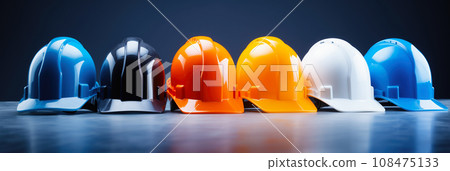 Safety banner. Building construction engineering concept background. Safety construction worker helmet 108475133