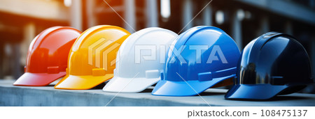 Safety banner. Building construction engineering concept background. Safety construction worker helmet 108475137