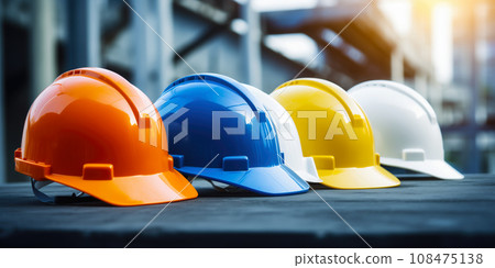 Safety banner. Building construction engineering concept background. Safety construction worker helmet 108475138