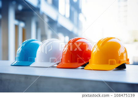 Safety banner. Building construction engineering concept background. Safety construction worker helmet 108475139