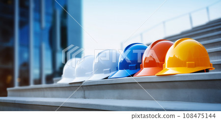 Safety banner. Building construction engineering concept background. Safety construction worker helmet 108475144