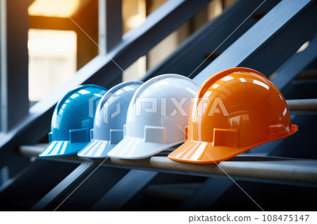Safety banner. Building construction engineering concept background. Safety construction worker helmet 108475147