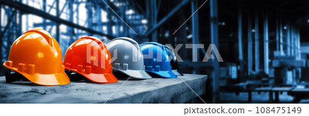 Safety banner. Building construction engineering concept background. Safety construction worker helmet 108475149