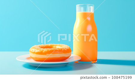 A bottle of orange juice sitting on a platter with donut on blue background. Take away coffee and doughnuts, delivery concept A bottle of orange juice sitting on a platter with donut on blue background. Take away coffee and doughnuts, delivery concept 108475199
