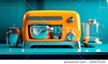 Electric kitchen appliances and utensils like mixer and machine for mixing ingredients on a blue counter top Electric kitchen appliances and utensils like mixer and machine for mixing ingredients on a blue counter top 108475200