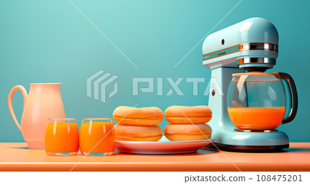 Electric kitchen appliances and utensils like mixer and machine for mixing ingredients on a blue counter top Electric kitchen appliances and utensils like mixer and machine for mixing ingredients on a blue counter top 108475201