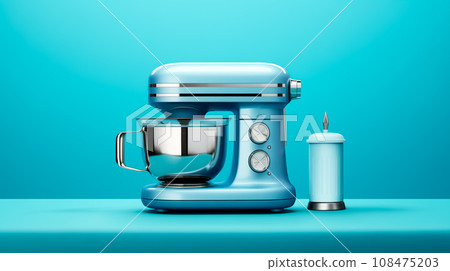 Electric kitchen appliances and utensils like mixer and machine for mixing ingredients on a blue counter top 108475203