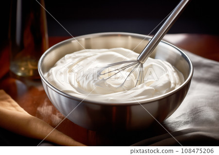 Metal bowl with whisk for preparation of whipped cream, homemade sour cream or hand cream. Pure creamy background Metal bowl with whisk for preparation of whipped cream, homemade sour cream or hand cream. Pure creamy background 108475206