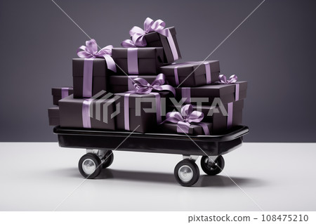 A bunch of black Christmas gifts with pink ribbons. Realistic black gifts boxes for Black Friday sale. 108475210