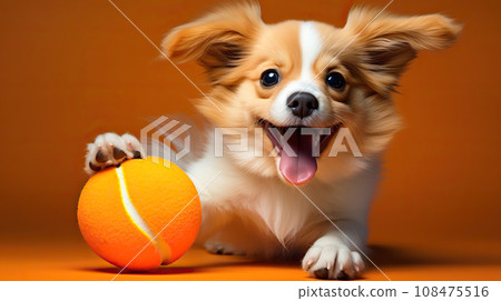 Cute welsh corgi dog with ball on orange background. 108475516
