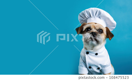 Portrait of a cute dog in a chef's costume on a blue background with space for advertising. 108475523