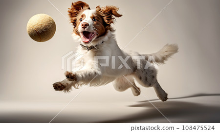 Studio shot of a cute welsh Springer spaniel jumping with a tennis ball. Studio shot of a cute welsh Springer spaniel jumping with a tennis ball. 108475524
