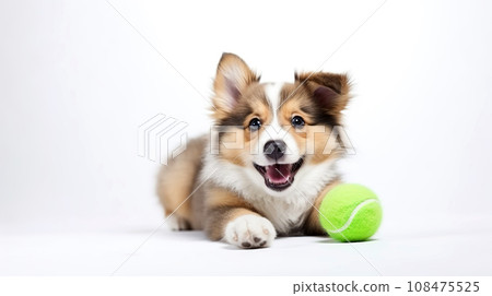 Puppy with a tennis ball on a white background. Little fluffy puppy. Studio shot. Puppy with a tennis ball on a white background. Little fluffy puppy. Studio shot. 108475525