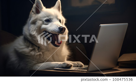 A large white dog looks at a laptop screen. White Swiss Shepherd. A large white dog looks at a laptop screen. White Swiss Shepherd. 108475536