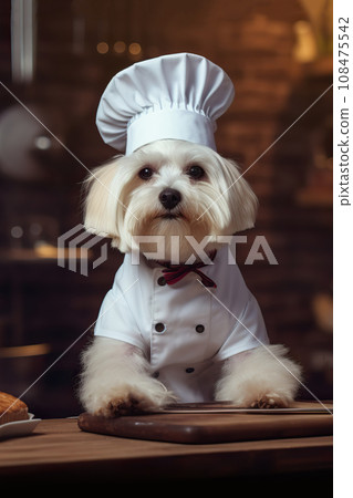 A dog chef cooks on a wooden table against the backdrop of a rustic kitchen. 108475542