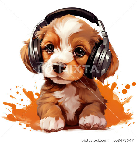 Cute puppy in headphones close up. 108475547