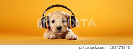 Cute golden retriever puppy with headphones listening to music on orange background. 108475548
