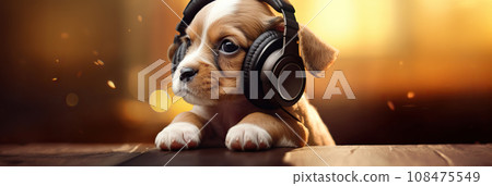 Surprised puppy wearing headphones on a blurred background. Funny pets. 108475549
