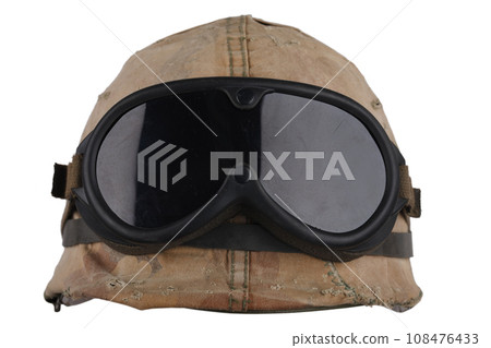 US Army helmet Vietnam war period with camouflage cover and goggles 108476433