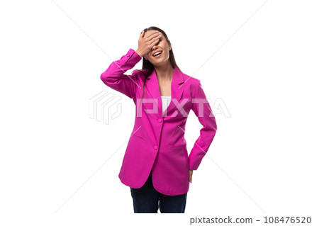a young well-groomed slender woman with black straight hair is dressed in a crimson jacket, she a young well-groomed slender woman with black straight hair is dressed in a crimson jacket, she 108476520