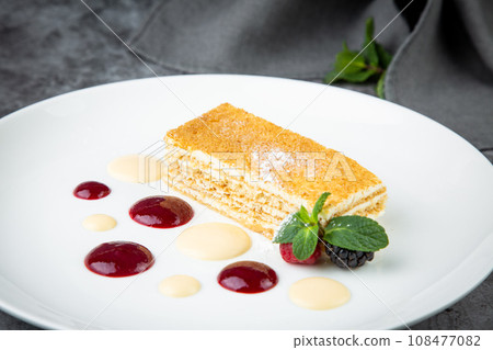 white sponge cake with drops of syrup, mint and wild berries on a round plate side veiw white sponge cake with drops of syrup, mint and wild berries on a round plate side veiw 108477082