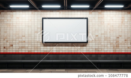 Blank billboard in subway station, poster mockup on tiled wall. Empty space for advertising in urban underground. Concept of metro, street, banner, background, template 108477778