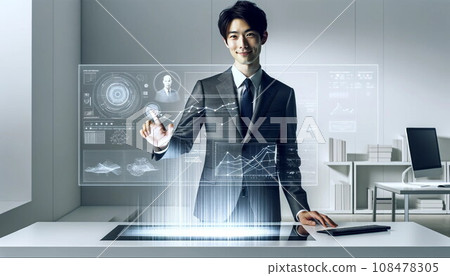 Businessman looking at the screen of the AI assistant (AI generated) Businessman looking at the screen of the AI assistant (AI generated) 108478305