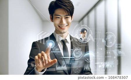 Businessman looking at the screen of the AI assistant (AI generated) Businessman looking at the screen of the AI assistant (AI generated) 108478307