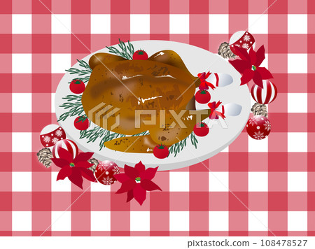 A whole turkey decorated with poinsettias and Christmas ornaments A whole turkey decorated with poinsettias and Christmas ornaments 108478527