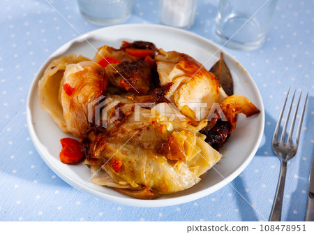 Stewed white cabbage with vegetables served on plate 108478951