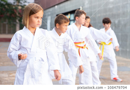 Tween girls and boys practicing taekwondo during outdoors group class Tween girls and boys practicing taekwondo during outdoors group class 108479704