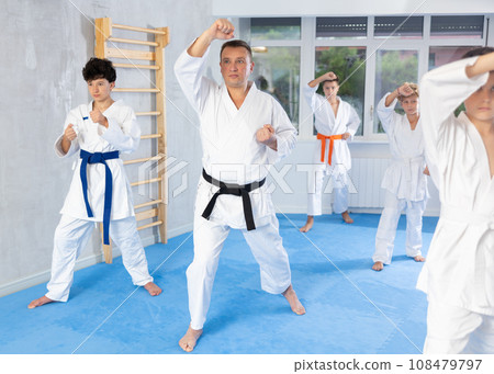 Group of teenagers in kimonos following karate sensei through kata exercises 108479797