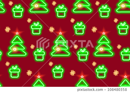 Seamless pattern of neon glowing Christmas tree and gift box with hashtags in trendy Xmas shades 108480358
