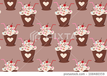 Seamless pattern of styled dessert cup with cocktail straw, decoration and cream in trendy shades 108480359