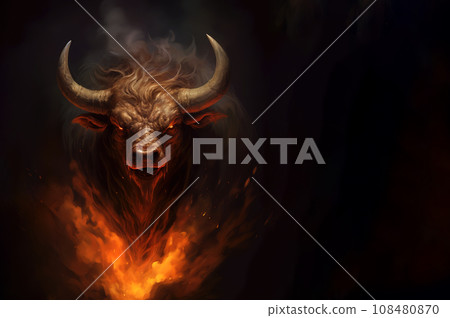 Image of an angry bull head with a burning fire on black background. Wildlife Animals. 108480870