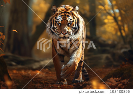 Image of a majestic tiger standing in the middle of the forest. Wildlife Animals. 108480896