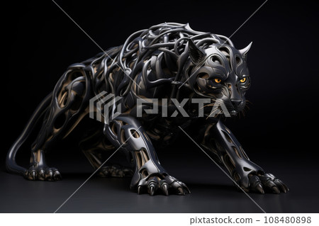 Image of black panther made of metal on a clean background., Wildlife Animals, Arts, Sculpture,. 108480898