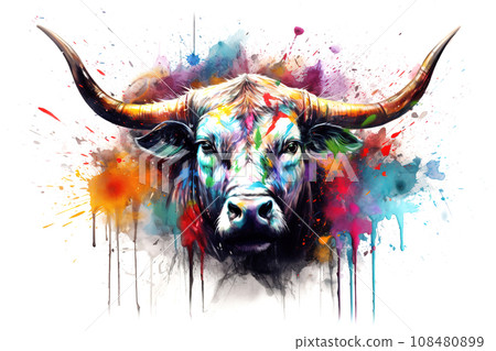 Painting of a bull head on white background. Wildlife Animals. Painting of a bull head on white background. Wildlife Animals. 108480899