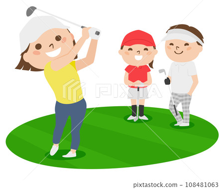 Golf illustration. A woman swinging on the fairway. 108481063