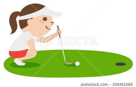 Illustration of golf putting. A woman looking at the distance to the cup. 108481066