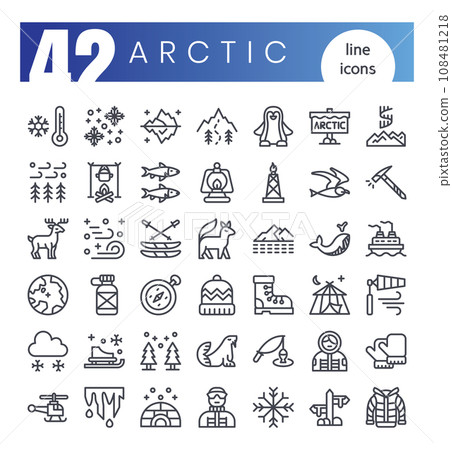 Set of Arctic icons. Thin outline style icon bundle. Vector Illustration Set of Arctic icons. Thin outline style icon bundle. Vector Illustration 108481218