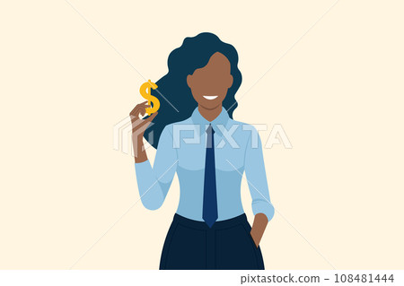 A confident African American businesswoman is smiling. Successful African business woman Hand holding a US dollar coin icon. business vector illustration. A confident African American businesswoman is smiling. Successful African business woman Hand holding a US dollar coin icon. business vector illustration. 108481444