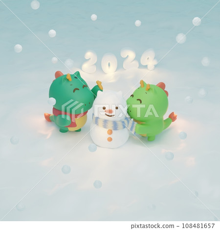 龍年新年素材:龍給雪人送角、送圍巾 龍年新年素材:龍給雪人送角、送圍巾 108481657