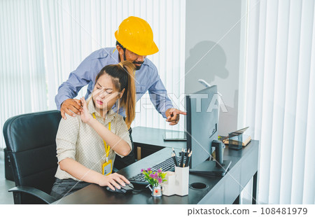Boss or supervisor touching female employee's shoulder Causing young employees to resist because they are uncomfortable and afraid of being sexually abused. Concept of sexual harassment in the Boss or supervisor touching female employee's shoulder Causing young employees to resist because they are uncomfortable and afraid of being sexually abused. Concept of sexual harassment in the 108481979