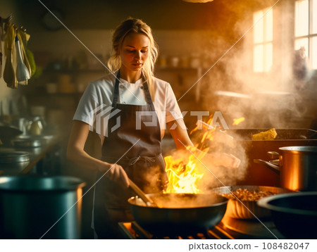 chef cooking over a flame in a sizzling frying pan 108482047