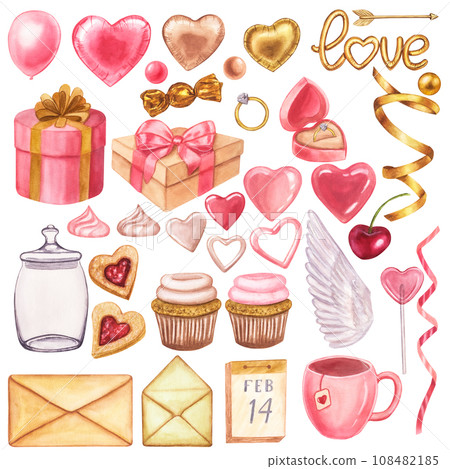 Pink set All about valentine's day: text Balloon-Love, hearts, gift, ring, beads. Hand drawn watercolor illustration isolated on white background. For printing postcards, stickers Pink set All about valentine's day: text Balloon-Love, hearts, gift, ring, beads. Hand drawn watercolor illustration isolated on white background. For printing postcards, stickers 108482185